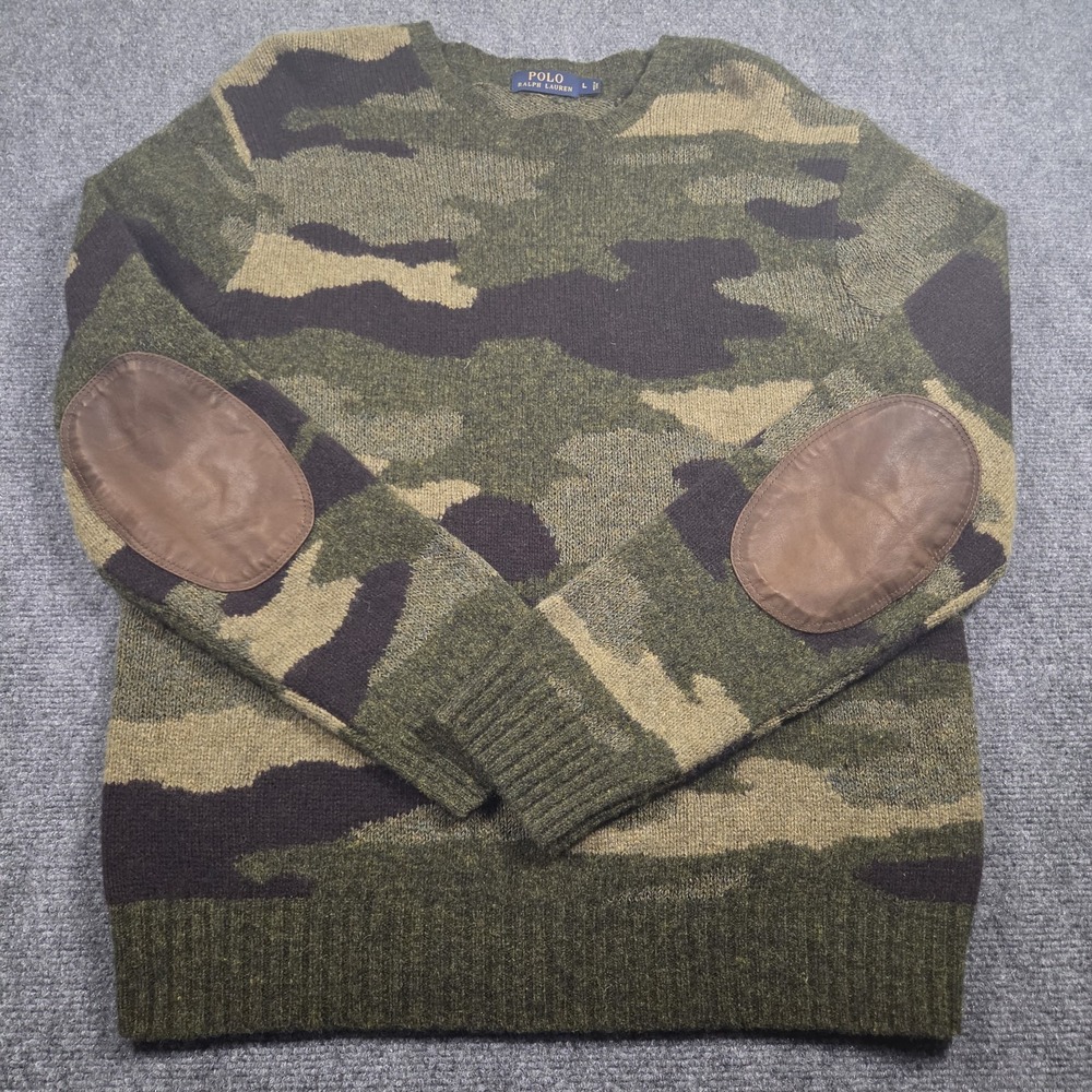 Polo Ralph Lauren Camo Sweater Leather Elbow Patches Wool Blend Crewneck Mens L